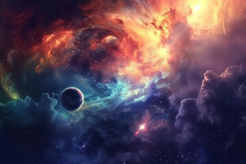 Wall Mural - Colorful Nebula and Glowing Planet in Deep Space