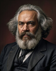 Portrait Karl Marx - fotorealistisch vor dunkelrotem Hintergrund