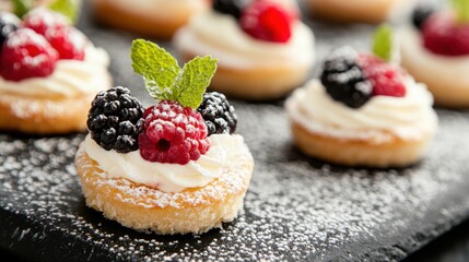 Wall Mural - Colorful desserts featuring cream and berries are beautifully displayed on a dark tray, perfect for a sweet treat or celebration