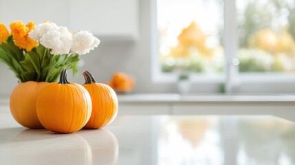 Wall Mural - Cozy kitchen adorned with vibrant pumpkins and fresh flowers, capturing the warmth of autumn through a bright, inviting atmosphere