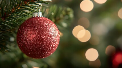 Wall Mural - Bright red glittering Christmas ornament hangs from a pine branch, surrounded by softly glowing bokeh lights creating a festive atmosphere