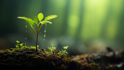 Wall Mural - green forest, dew drops and wet rain on young leaves and shoots in the depths of the green forest of