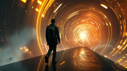 Fototapete - A traveler steps forward into a luminous vortex that emits warm light, surrounded by a futuristic digital environment. The scene combines mystery and adventure, captivating the imagination.