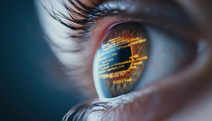 Wall Mural - close up of eye reflecting computer code, showcasing technology and focus. intricate details of iris and digital display create captivating visual experience