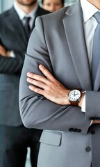 Poster - Groups of business professionals in formal attire engage in discussions while strategizing in a contemporary office environment