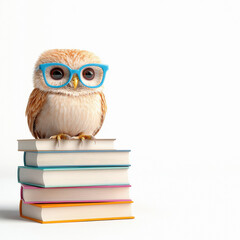  owl sitting on stack of books on white background