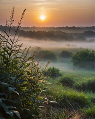 Sunrise over a misty countryside with layers of greenery and soft fog. Peaceful morning landscape concept