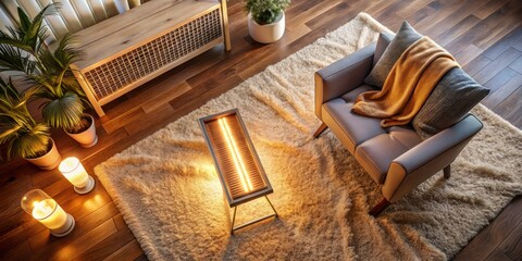 Poster - Modern Infrared Heater on Cozy Carpet in Stylish Room with Soft Lighting and Minimalist Decor, Perfect for Home Comfort and Energy Efficiency in Contemporary Living Spaces