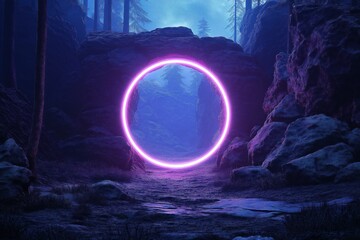 Poster - abstract portal gate glowing neon purple circle in dark wood forest landscape. cosmic rocky mountain