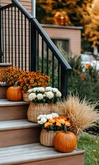 Wall Mural - Colorful flowers and pumpkins create a welcoming autumn atmosphere on the steps of a cozy home, showcasing seasonal charm and warmth