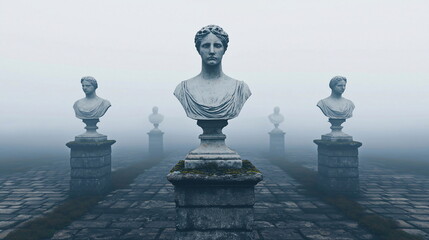 Poster - Mysterious fog surrounds classic sculptures in outdoor museum setting enigmatic atmosphere