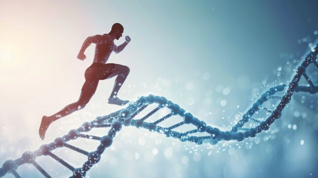 A conceptual image featuring a silhouette of a man running along a DNA strand. The blend of human movement with molecular biology evokes themes of science, health, genetics, and fitness innovation.