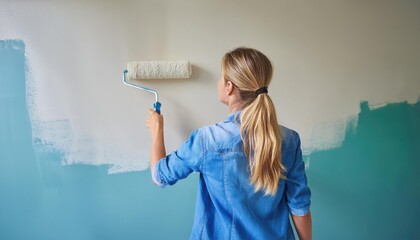 Wall Mural -  Young woman painting interior wall with paint roller in house, Home decoration concept