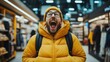 © Alfazet Chronicles - Man with open mouth and excited expression wearing yellow winter jacket and hat indoors in a clothing store