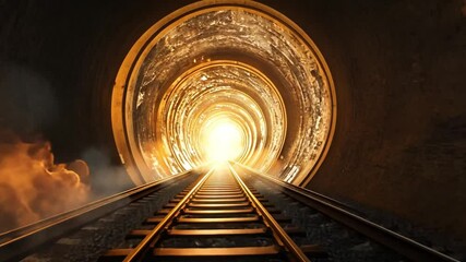 Poster - Train tracks stretch towards a bright light at the end of a fiery tunnel, with smoke and flames creating a dramatic atmosphere. The scene captures a moment of intense energy and movement.