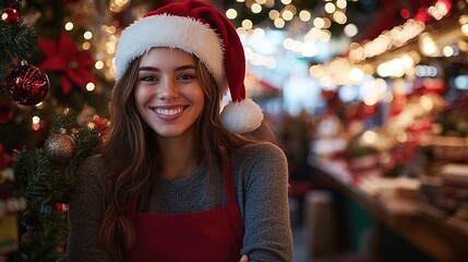 Wall Mural - A smiling female retail worker in a Santa hat and red apron stands in a festive holiday store, surrounded by Christmas lights and decor. 