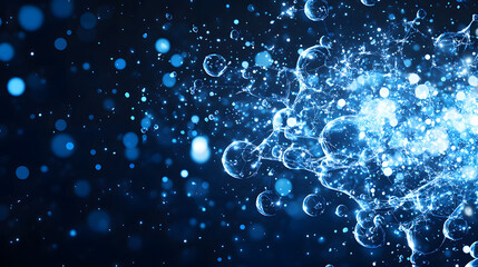 Poster - A vibrant display of blue particles and bubbles against a dark background, creating a dynamic and ethereal atmosphere
