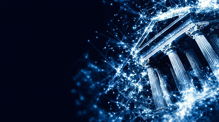 Poster - A glowing representation of a classical building, symbolizing knowledge and governance, set against a dark, starry background