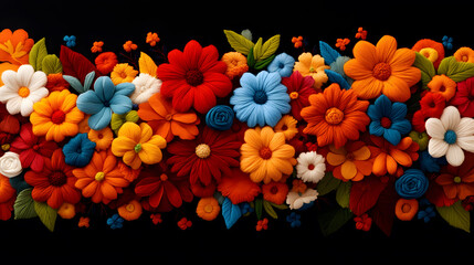 Poster - A vibrant array of colorful flowers arranged in a decorative pattern against a dark background