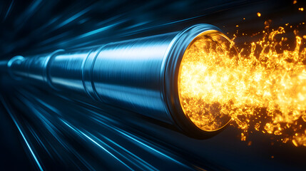 Poster - A dynamic image depicting a metallic tube emitting a fiery orange blast, set against a backdrop of blue streaks, suggesting motion and energy