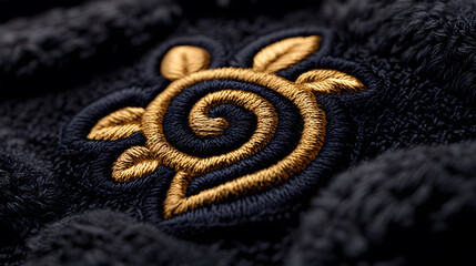 Poster - Close-up of a textured fabric featuring an intricate gold and black embroidered design resembling a stylized turtle motif