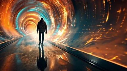 Aufkleber - The scene features a solitary person walking down a futuristic tunnel filled with swirling lights and vibrant colors. The ground reflects the brilliant hues as evening descends.