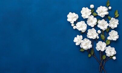 Wall Mural - White flowers on a deep blue background present a serene and artistic floral design Colors: white, blue 