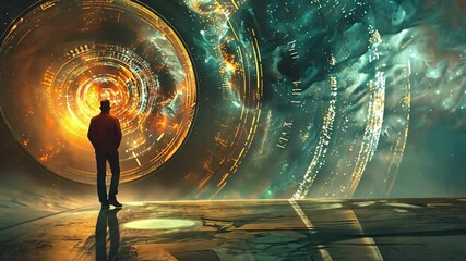 Poster - A lone figure gazes into a vibrant portal filled with swirling colors and patterns reminiscent of galaxies. The setting evokes a sense of wonder and mystery, illuminating the night sky.