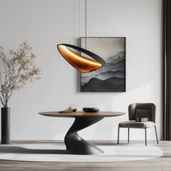 Poster - Creating a contemporary room setup with sculptural tables and designer pendant lamps in a modern living space