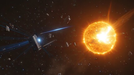 Wall Mural - a stunning view of the sun with bright solar flares arcing outwards, set against the night sky.