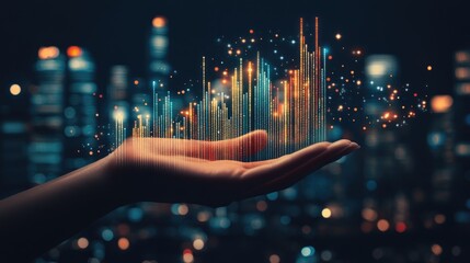 Poster - A virtual bar graph ascending from a hand, depicting progress and rising stock market trends.