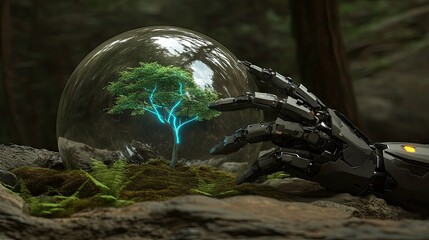 Poster - Advanced technology and ecology, a robot hand displaying a glowing glass globe with a tree sapling.