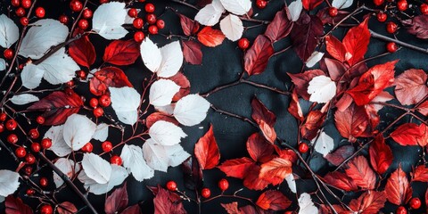 Poster - Decorative event featuring minimalist berry branch patterns with light petals on dark background nature-inspired design artistic perspective