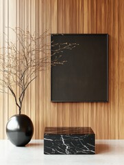 Poster - Showcasing minimalist interior design black marble side tables and japanese vase against wood panel wall for serenity and style