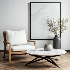 Poster - Enhancing modern aesthetic comfortable chair and marble-topped coffee table arrangement in a stylish living room with decorative accents