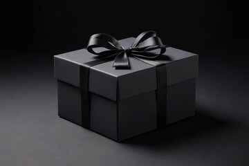 a close up of a black gift box with a black bow