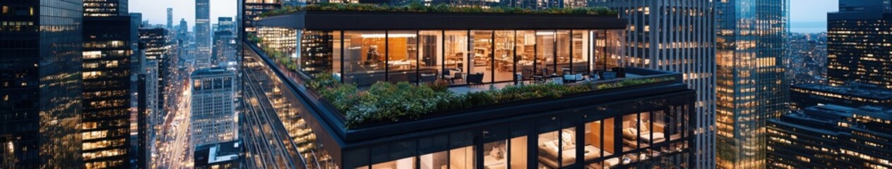 Poster - Transforming office spaces rooftop garden urban oasis in a high-rise building panoramic city view for enhanced well-being