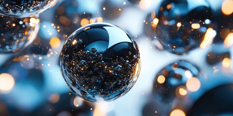 Poster - Exploring the futuristic silver metallic bokeh chrome particles in obsidian depths abstract environment digital art perspective