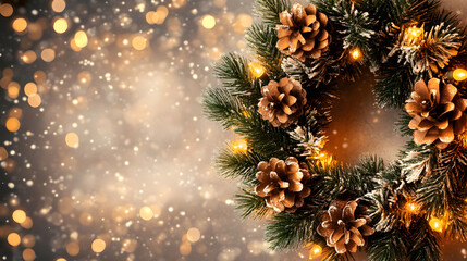 Aufkleber - A festive wreath adorned with pinecones and lights, set against a sparkling backdrop, evoking the spirit of winter celebrations