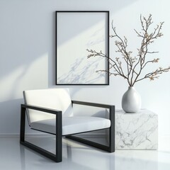 Poster - Showcasing a sophisticated marble accent table with modern white chair and decorative vase in a soft natural daylight setting