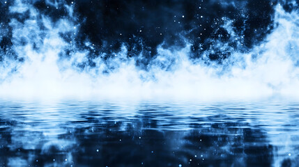 Poster - A serene blue landscape with misty clouds reflecting on water, creating a tranquil and ethereal atmosphere