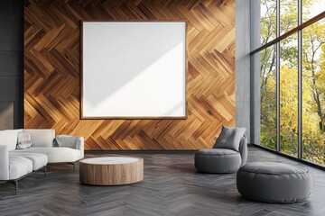 Poster - Design studio interior visualization of blank frame mockup with sculptural tables and wood accents modern space contemporary setting aesthetic showcase