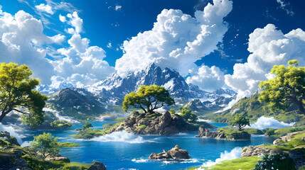 Poster - A serene landscape featuring mountains, lush trees, and a clear blue sky reflecting on tranquil waters, evoking a sense of peace and natural beauty