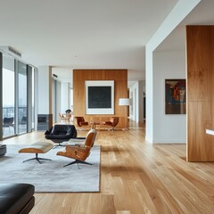 Poster - Transform your living space upscale condo with midcentury furniture light wood accents modern aesthetics