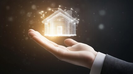 Poster - Businessman holding futuristic glowing wireframe house in palm of hand