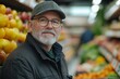 © SOUND OF RAIN - A Smiling Senior Man in a Grocery Store.  A Portrait of a Happy Customer amidst Fresh Produce.  A Relaxed and Content Moment in a Busy Market.  A Lifestyle Capture of Everyday Happiness.