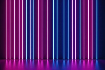 Poster - Vertical Neon Pink and Blue Lines Glowing in Dark 3D Render Background