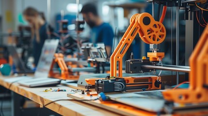 Poster - A workspace filled with 3D printers and robotic arms, showcasing technology and innovation in manufacturing.