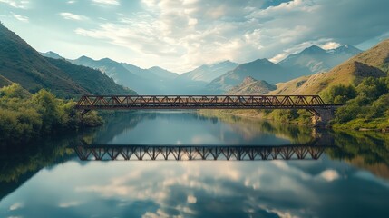 Poster - A 4K photo capturing a train crossing a steel bridge, the landscape of mountains and river perfectly reflected in the calm water