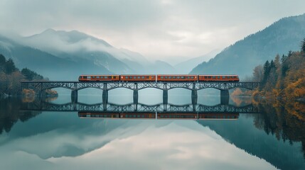 Poster - A 4K photo capturing a train crossing a steel bridge, the landscape of mountains and river perfectly reflected in the calm water